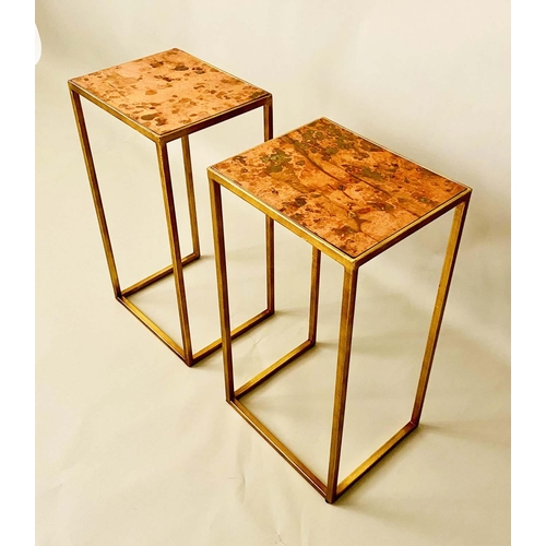 389 - SIDE TABLES, a pair, 1970s Italian style, 57cm high, 30cm wide, 25cm deep, coppered tops and gilt me... 