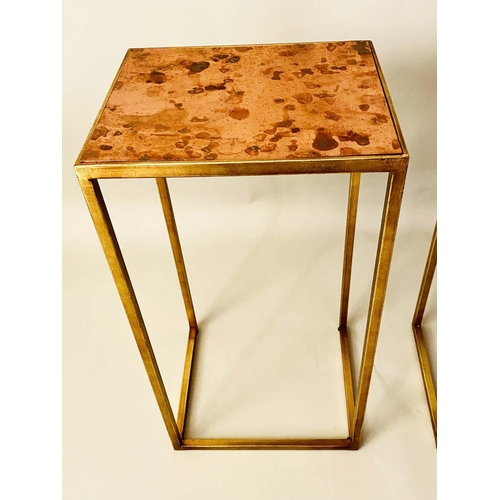 389 - SIDE TABLES, a pair, 1970s Italian style, 57cm high, 30cm wide, 25cm deep, coppered tops and gilt me... 