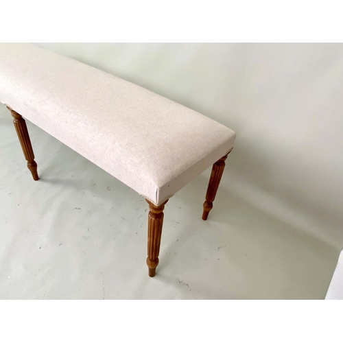 390 - HALL SEAT, neutral linen upholstery, turned supports, 49cm x 151cm x 41cm.