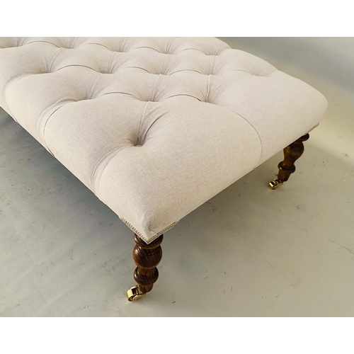 394 - HEARTH STOOL, Victorian style, buttoned neutral linen upholstery, 35cm x 120cm x 60cm.