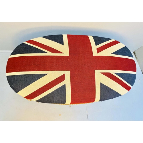 395 - STOOL, 62cm high, 92cm wide, 57cm deep, upholstered in Union Jack upholstery, giltwood frame, raised... 