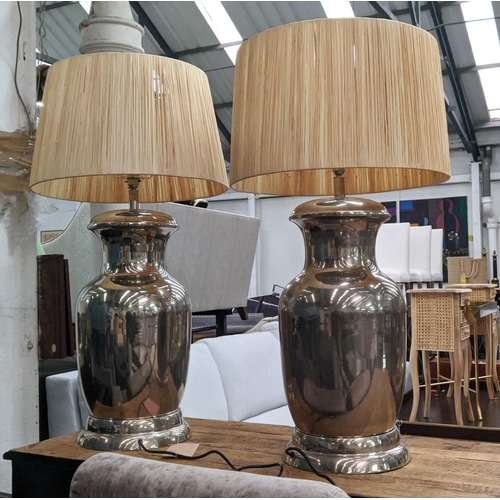 333 - TABLE LAMPS, a pair, polished metal urn design, with shades, 91cm H. (2)