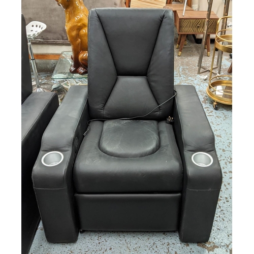 335 - CINEMA ARMCHAIRS, a set of four, black leather upholstered finish, 90cm W x 100cm H. (4)