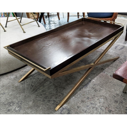 313 - COCKTAIL TABLE, 140cm x 51cm, gilt metal X frame design.