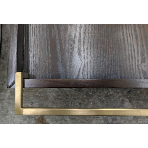 313 - COCKTAIL TABLE, 140cm x 51cm, gilt metal X frame design.