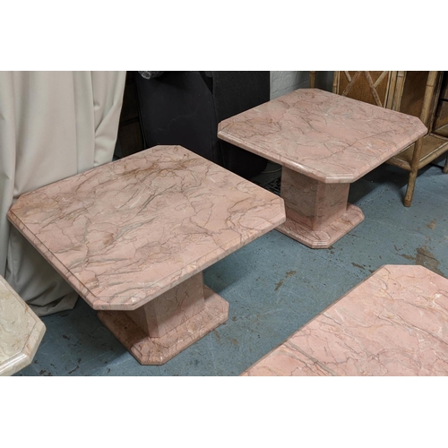 329 - PINK MARBLE SIDE LOW TABLES, a pair, 70cm x 70cm x 51cm. (2)