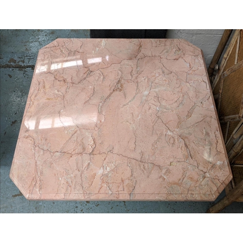 329 - PINK MARBLE SIDE LOW TABLES, a pair, 70cm x 70cm x 51cm. (2)