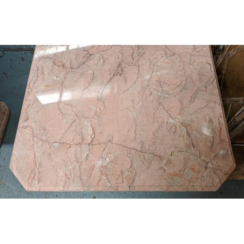 329 - PINK MARBLE SIDE LOW TABLES, a pair, 70cm x 70cm x 51cm. (2)