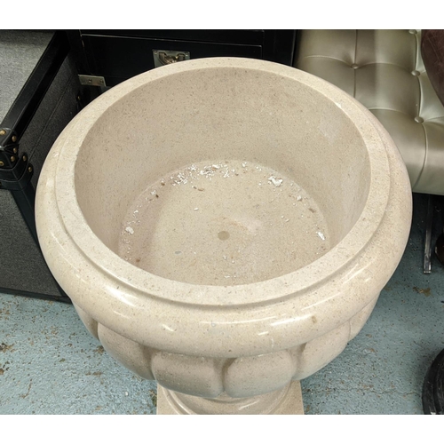 330 - TRAVERTINE URN ON STAND, 74cm H.