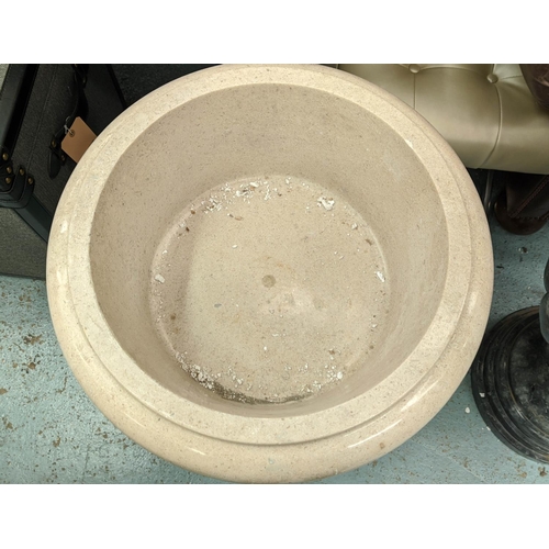 330 - TRAVERTINE URN ON STAND, 74cm H.