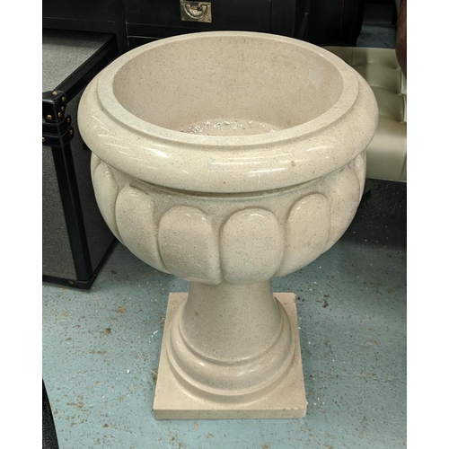 330 - TRAVERTINE URN ON STAND, 74cm H.