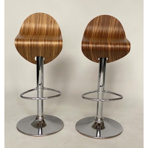 271 - BARSTOOLS, a pair, 1970s style veneered bentwood revolving on height adjustable chrome base with foo... 