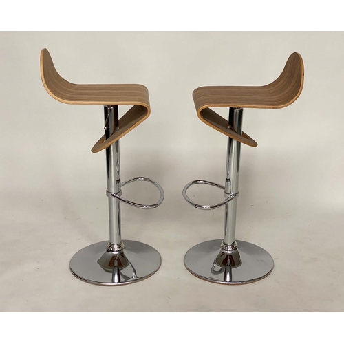 271 - BARSTOOLS, a pair, 1970s style veneered bentwood revolving on height adjustable chrome base with foo... 