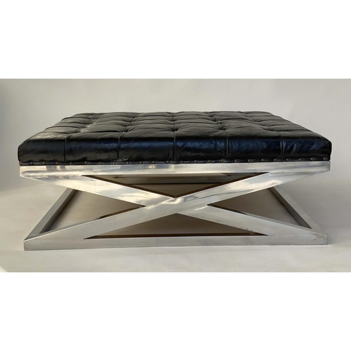 275 - EICHHOLTZ HEARTH STOOL, square buttoned leather on chrome 'X' frame supports, 120cm x 100cm x 44cm H... 