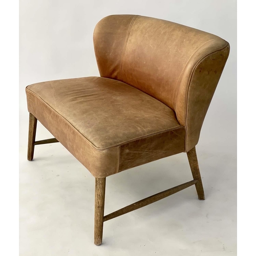 277 - OKA LOUNGE CHAIR, stitched and piped leather on stretchered splay supports, 140cm W.