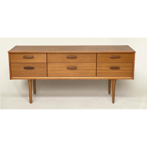 279 - LOW CHEST, 1970s Danish style teak with six short drawers, 154cm W x 69cm H x 44cm D.