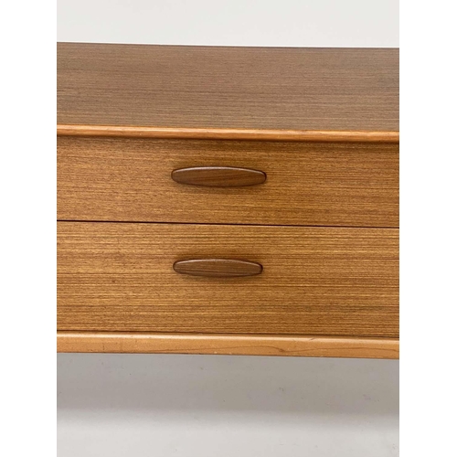 279 - LOW CHEST, 1970s Danish style teak with six short drawers, 154cm W x 69cm H x 44cm D.