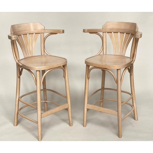 280 - THONET INSPIRED BAR STOOLS, a pair, limed bentwood, with bow backs and stretchered supports, 101cm H... 