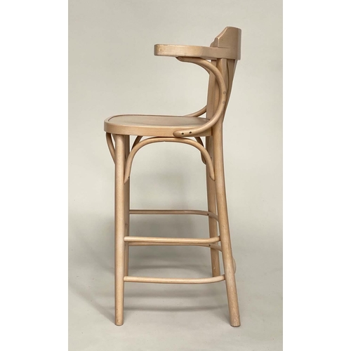 280 - THONET INSPIRED BAR STOOLS, a pair, limed bentwood, with bow backs and stretchered supports, 101cm H... 