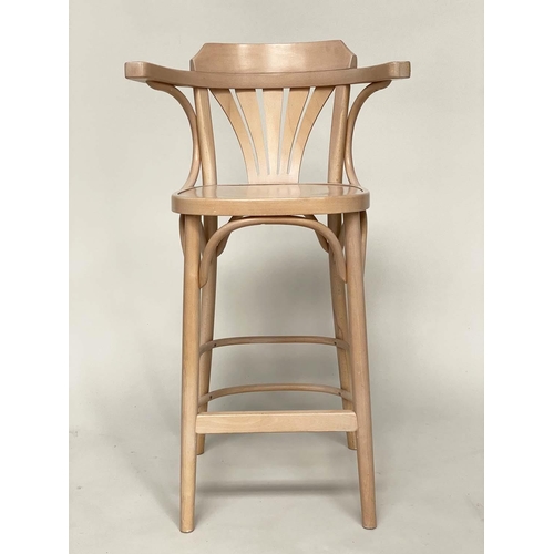 280 - THONET INSPIRED BAR STOOLS, a pair, limed bentwood, with bow backs and stretchered supports, 101cm H... 