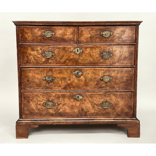 133 - CHEST, early 18th century English Queen Anne figured walnut and crossbanded with two short above thr... 