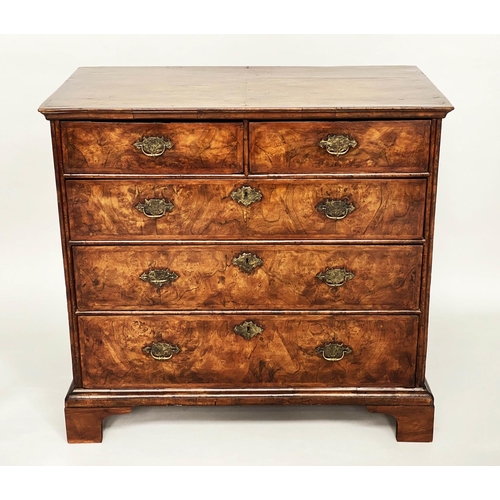 133 - CHEST, early 18th century English Queen Anne figured walnut and crossbanded with two short above thr... 