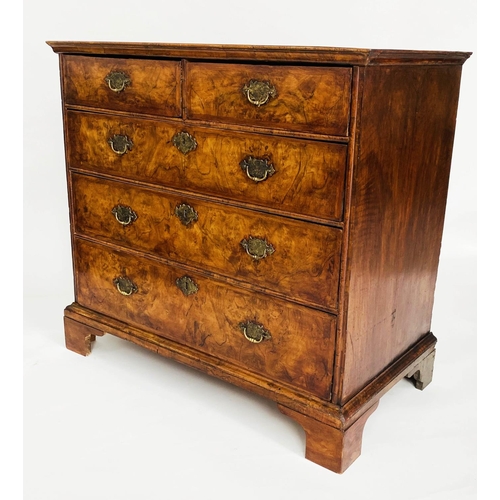 133 - CHEST, early 18th century English Queen Anne figured walnut and crossbanded with two short above thr... 