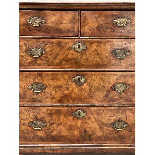 133 - CHEST, early 18th century English Queen Anne figured walnut and crossbanded with two short above thr... 