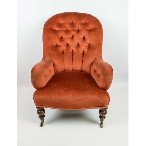 186 - ARMCHAIR, Victorian rosewood with red deep  buttoned back upholstery on turned front legs with casto... 