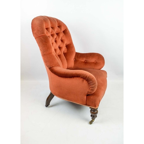 186 - ARMCHAIR, Victorian rosewood with red deep  buttoned back upholstery on turned front legs with casto... 