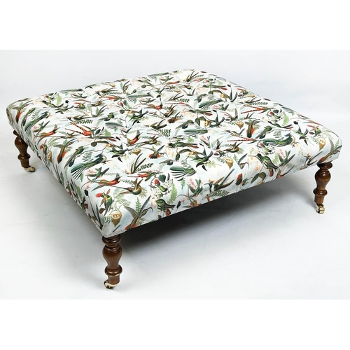 171 - HEARTH STOOL, hummingbird design buttoned upholstery with turned legs and castors, 33cm H x 92cm x 9... 