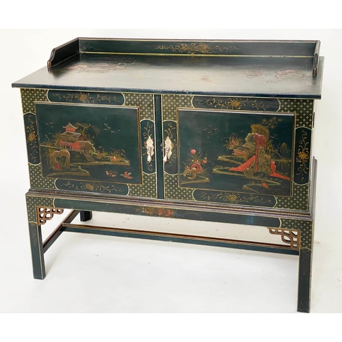 187 - CHINOISERIE CABINET, 85cm H x 100cm W x 50cm D, Edwardian lacquered and gilt chinoiserie decorated w... 