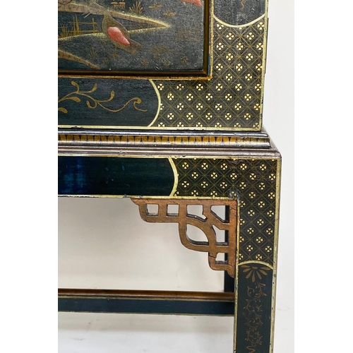 187 - CHINOISERIE CABINET, 85cm H x 100cm W x 50cm D, Edwardian lacquered and gilt chinoiserie decorated w... 