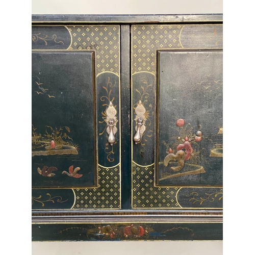 187 - CHINOISERIE CABINET, 85cm H x 100cm W x 50cm D, Edwardian lacquered and gilt chinoiserie decorated w... 