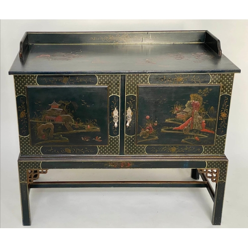 187 - CHINOISERIE CABINET, 85cm H x 100cm W x 50cm D, Edwardian lacquered and gilt chinoiserie decorated w... 