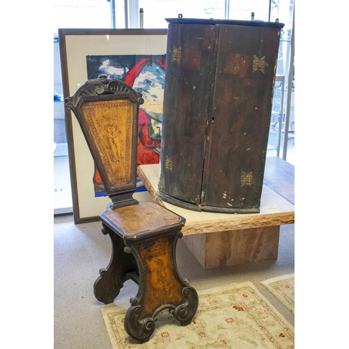 114 - SGABELLO CHAIR, 107cm H x 39cm, 19th century Italian ebonised and marquetry and an early 18th centur... 