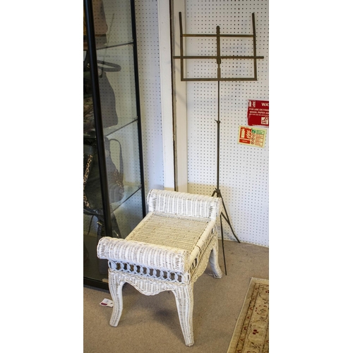 116 - STOOL, 46cm H x 63cm x 38cm, white painted wicker and an early 20th century folding metal music stan... 