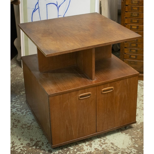 118 - BOOK/COCKTAIL TABLE, 66cm H x 59cm x 59cm, circa 1960 teak with two doors and fall front door on cas... 