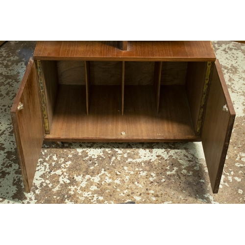 118 - BOOK/COCKTAIL TABLE, 66cm H x 59cm x 59cm, circa 1960 teak with two doors and fall front door on cas... 