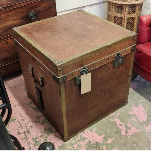 152 - TIMOTHY OULTON TRUNK, brown leather coated, brass bound, complete with carrying handles, 60cm H x 58... 