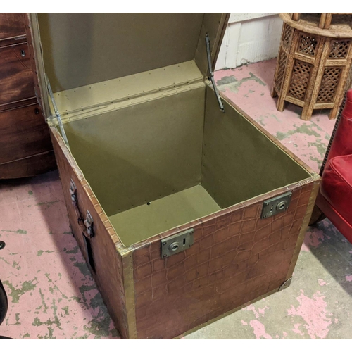 152 - TIMOTHY OULTON TRUNK, brown leather coated, brass bound, complete with carrying handles, 60cm H x 58... 