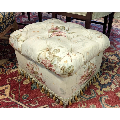 163 - KIDNEY SHAPED SOFA, 165cm W x 90cm H, in a floral fabric with matching pouffe, 36cm H x 59cm x 48cm.... 