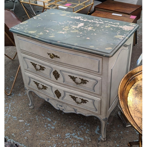 167 - COMMODE, 74cm x 49cm x 77cm H, Continental style with a marble paint effect top above three drawers.