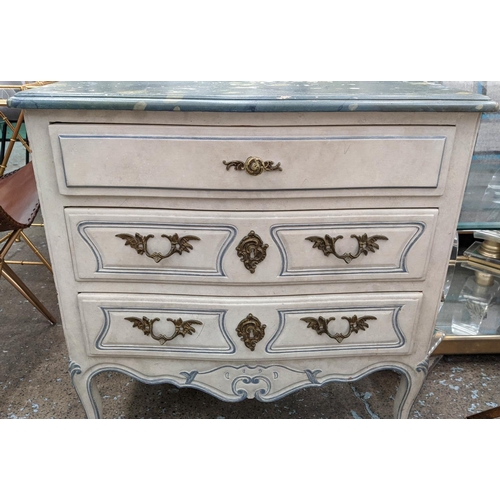 167 - COMMODE, 74cm x 49cm x 77cm H, Continental style with a marble paint effect top above three drawers.