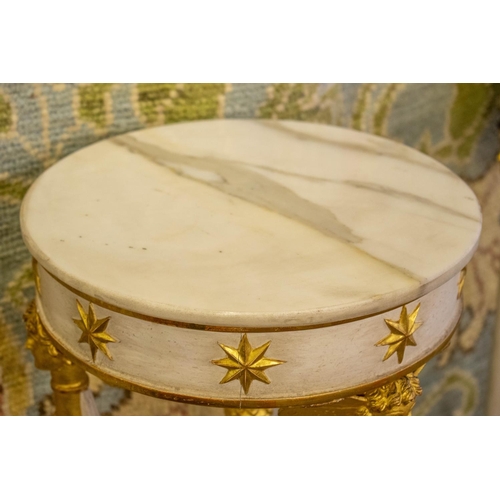 173 - TORCHERES, 110cm H x 32cm D, a pair 20th century Italian white painted and parcel gilt with circular... 