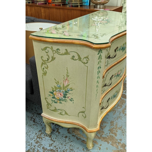 174 - SERPENTINE COMMODE, 100cm x 44cm x 87cm H, in a green and gilt painted floral design, with three dra... 