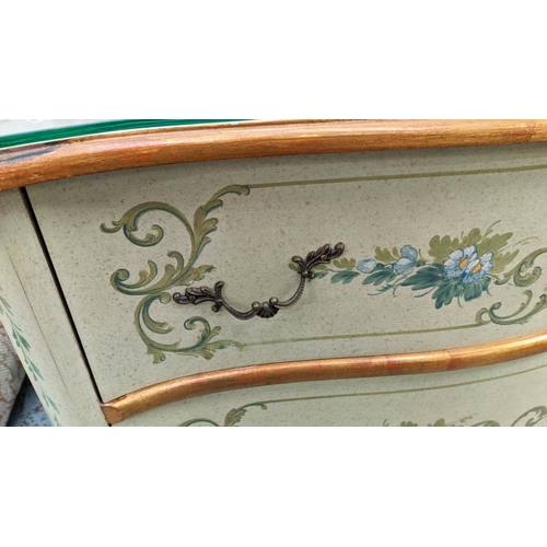 174 - SERPENTINE COMMODE, 100cm x 44cm x 87cm H, in a green and gilt painted floral design, with three dra... 