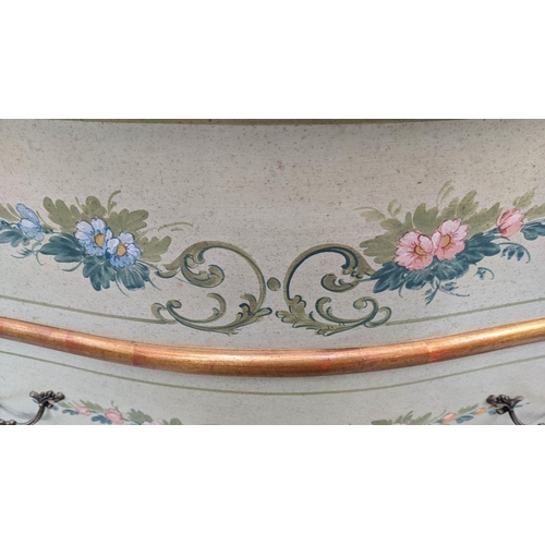 174 - SERPENTINE COMMODE, 100cm x 44cm x 87cm H, in a green and gilt painted floral design, with three dra... 