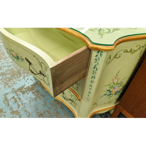 174 - SERPENTINE COMMODE, 100cm x 44cm x 87cm H, in a green and gilt painted floral design, with three dra... 