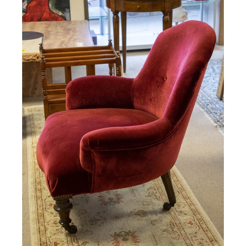 178 - ARMCHAIR, 85cm H x 79cm, Victorian in dark red velvet on ceramic castors.